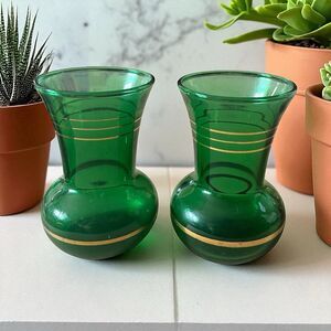 Art Deco Emerald Green Gold Striped 3.75" Glass Bud Vases Czech Glass Set Of 2